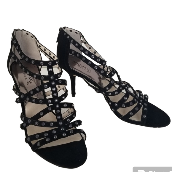 Michael Michael Kors Maddie Jeweled T-Strap Suede Peep Toe Heels Black Size 9 - Picture 1 of 12
